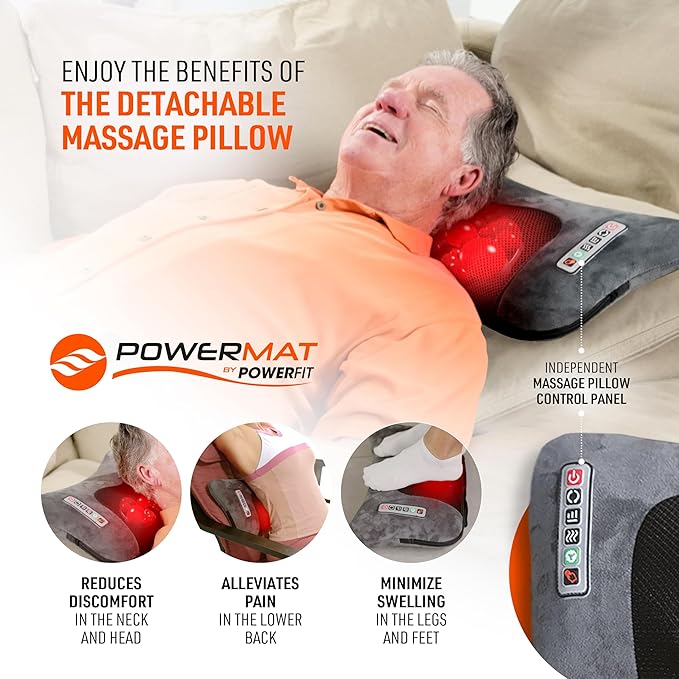 Powermat by Powerfit – Full Body Massage Mat with Detachable Massage Pillow 9 Intensity Levels 9 Massage Modes &amp 3 Heat Therapy Settings | Alleviates Muscle Pain Improves Circulation Stress Re