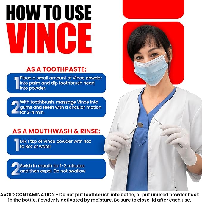 Vince Gum &amp Mouth Toothpaste Powder - Dentifrice &amp Mouthwash - Cavity Prevention - Gingivitis - Irritated Bleeding &amp Receding Gums - Canker Sore - Bad Breath - Inflammation - Tonsil Stone