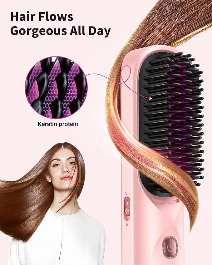Cordless Hair Straightener - Portable Hot Hair Comb for Travel - 45s Fast Heating - 300 Million Negative Ions for Frizz-Free Gift for Women10000mAh