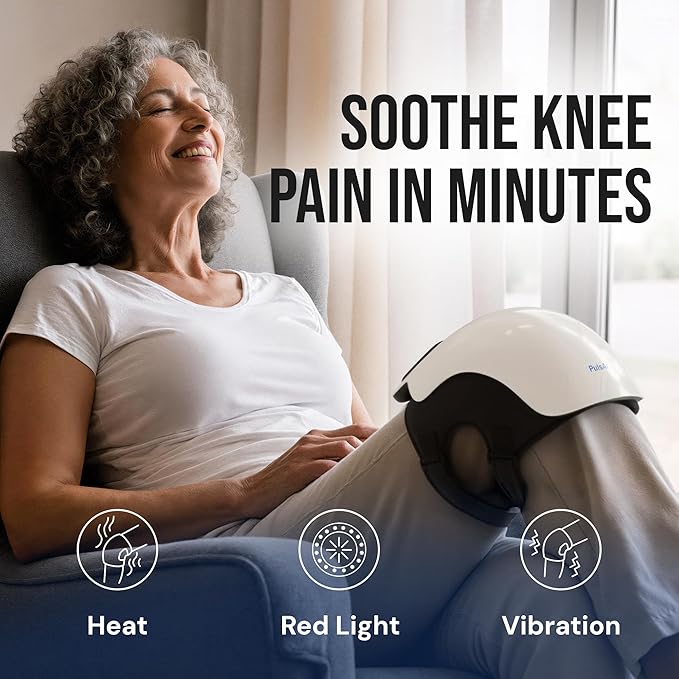 Heated Knee Massager with Red Light &amp Vibration 3 Heat &amp 3 Vibration Levels Memory Function Cordless 3000mAh Rechargeable LED Touch Panel Auto 10-Min Shut-Off USB-C Charger White
