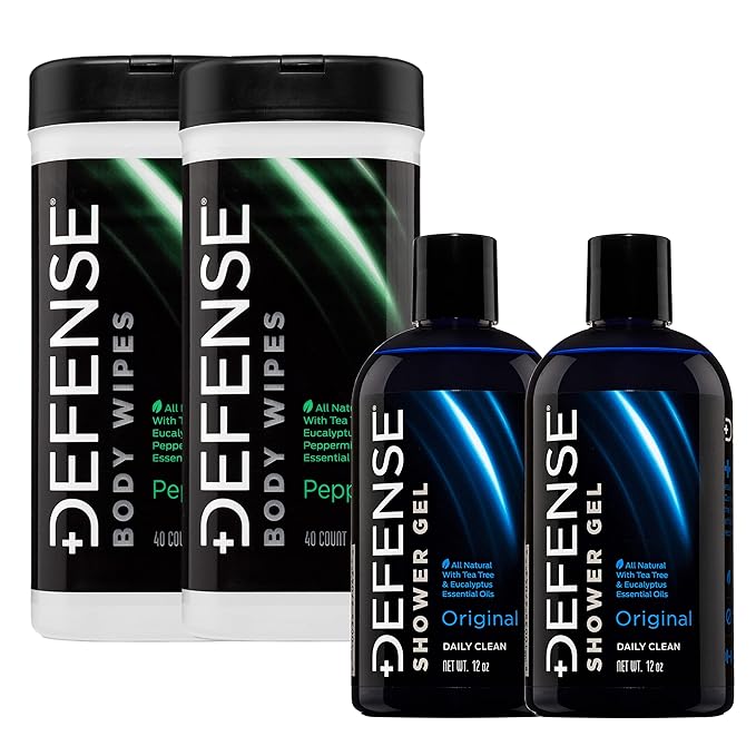 Defense Soap 2 Pack Peppermint Body Wipes 40 Count and 2 Pack Body Wash 12 oz