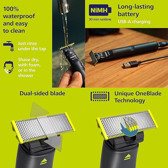 Philips OneBlade Trimmer &amp Shaver Trim &amp Shave Any Length with Extra Skin Protection Dual-Sided Blade Waterproof Body Electric Razor USB Charging 2 Stubble Combs Included