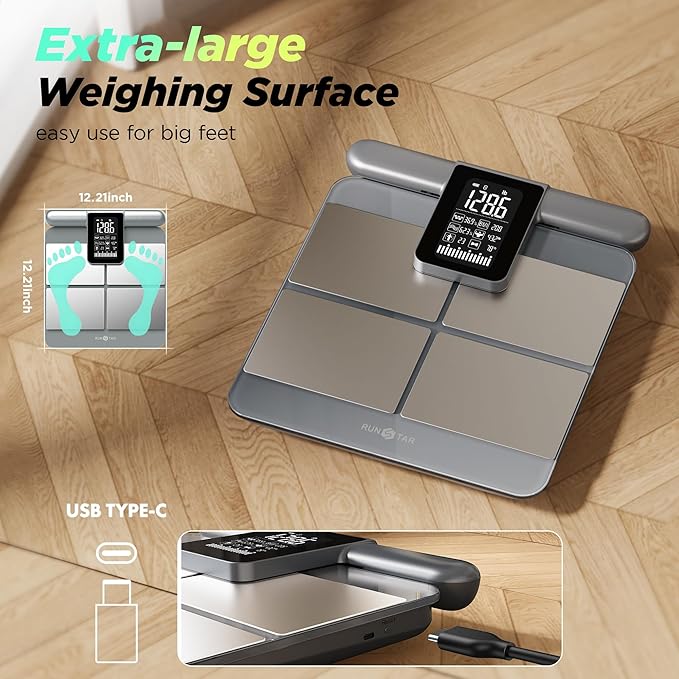 RunStar Scale for Body Weight and Fat Percentage 8-Electrodes Precision Digital Smart Scale for BMI 28 Body Composition Measurement Silver Bathroom Smart Scales with Large Display