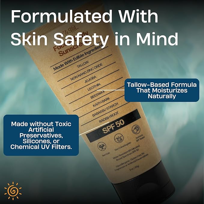 Sky and Sol Mineral Sunscreen SPF 50 | With Grass-Fed Tallow &amp Zinc Oxide | Non-Greasy Formula for Face &amp Body | Made Without Reef-Harming UV Filters | 3 oz (85 g)