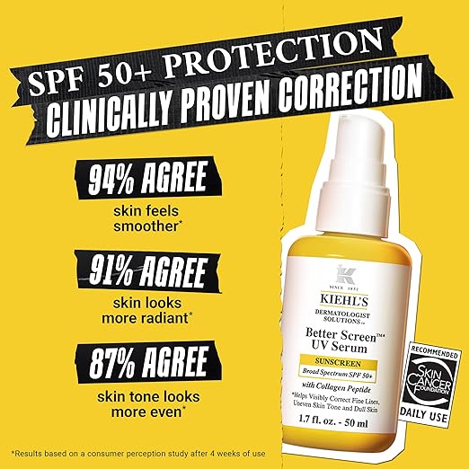 Kiehl's Better Screen UV Serum SPF 50+ Invisible Facial Sunscreen with Collagen Peptide UV Filters to Shield UVA &amp UVB Helps Correct Visible Signs of Aging Boosts Skin Radiance