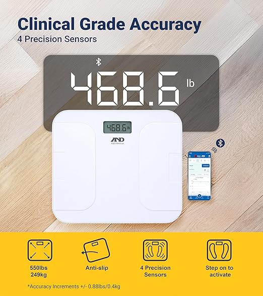 A&ampD Medical Digital Body Weight Scale UC-356BLE Bluetooth Bathroom Weight Machine UltraWide Platform and Large Display Syncs with A&ampD App550lb (249kg) Batteries Included White