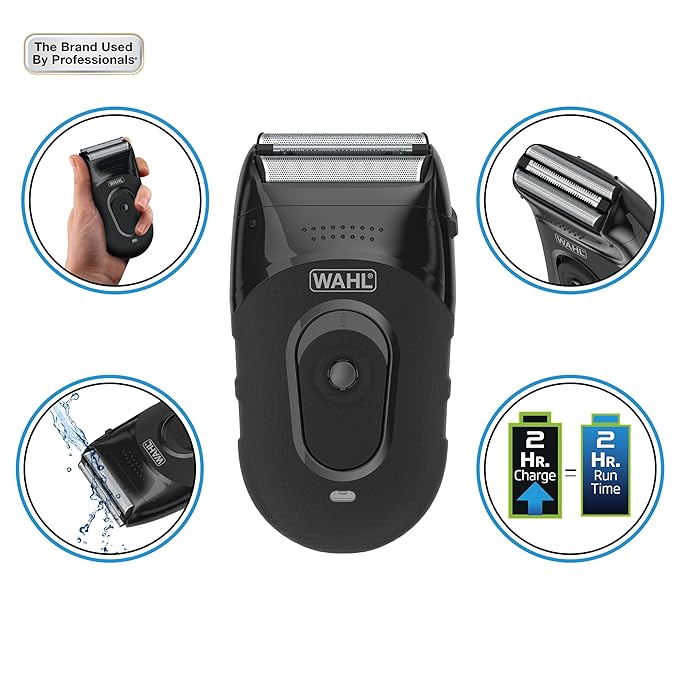 Wahl Compact Rechargeable Lithium Ion Shaver Kit with Hygienic Rinseable Foils &amp Cutter Bar with Dual Flexible Foils That Move with The Contours of Your Face - 7065