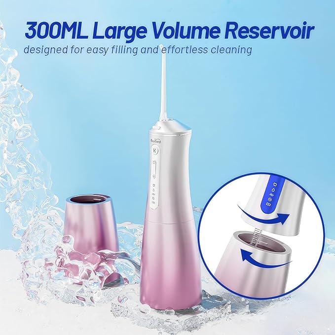 Water Dental Flosser Cordless with UVC Light 3 Modes Portable Oral Irrigator IPX7 Waterproof 300ML Tank Electric Teeth Cleaner for Tonsil Stones Home &amp Travel Use (Pink)