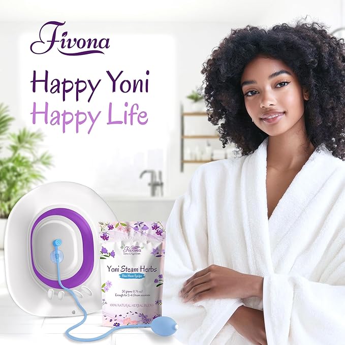 Fivona 3-in-1 Yoni Steam Kit - Bundle of V Steaming Herbs Blue Moon Recipe 1.76 Ounces (2-4 Steams) with Expandable V-Steam Seat and Hand Flusher for Detox Cleansing pH Balance and Odor Control