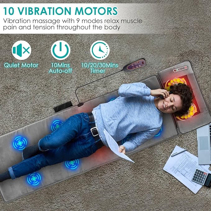 Full Body Massage Mat with Heat &amp Movable Shiatsu Neck Back Massager Pillow Upgraded Massage Mattress Pad with 10 Vibration Motors9 Massaging Mode2 Heating Padfor Back Neck Leg Pain Relief
