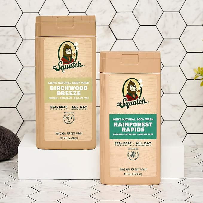 Dr. Squatch Natural Men's Body Wash Shower Gel - Cleansing Nourishing Long Lasting Scent Moisturizing Body Wash for Men - Birchwood Breeze + Rainforest Rapids (14 oz 2-Pack)