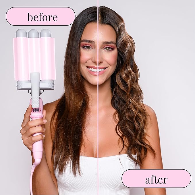 Mermade PRO Hair Waver 1.25 - 3 Barrel Curling Iron 1 1/4 Inch Ceramic Barrel Waver Tool for Thick Thin Long or Short Hair - 1.25 Pink with Glove