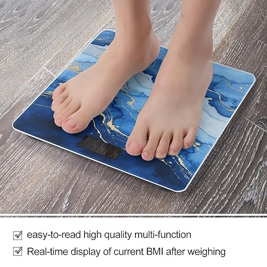 Abstract Blue Marble Watercolor Weight Scale Large Bathroom Scales Digital Weight with Bright LED Display Non Slip Automatic Weighing Scale Fashion Weighing Machine for Body