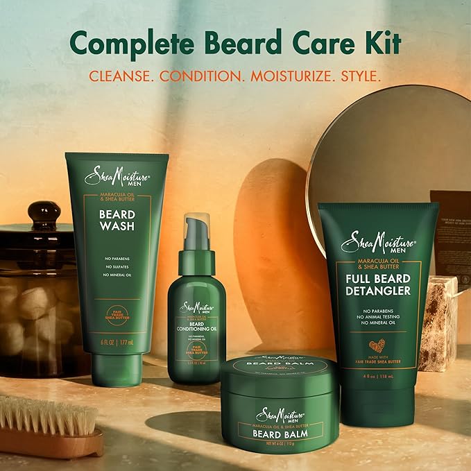 SheaMoisture Beard Kit for Men – Beard Wash Conditioning Beard Oil Full Beard Detangler + Beard Balm with Shea Butter &amp Maracuja Oil Gifts for Men (4 Piece Set)