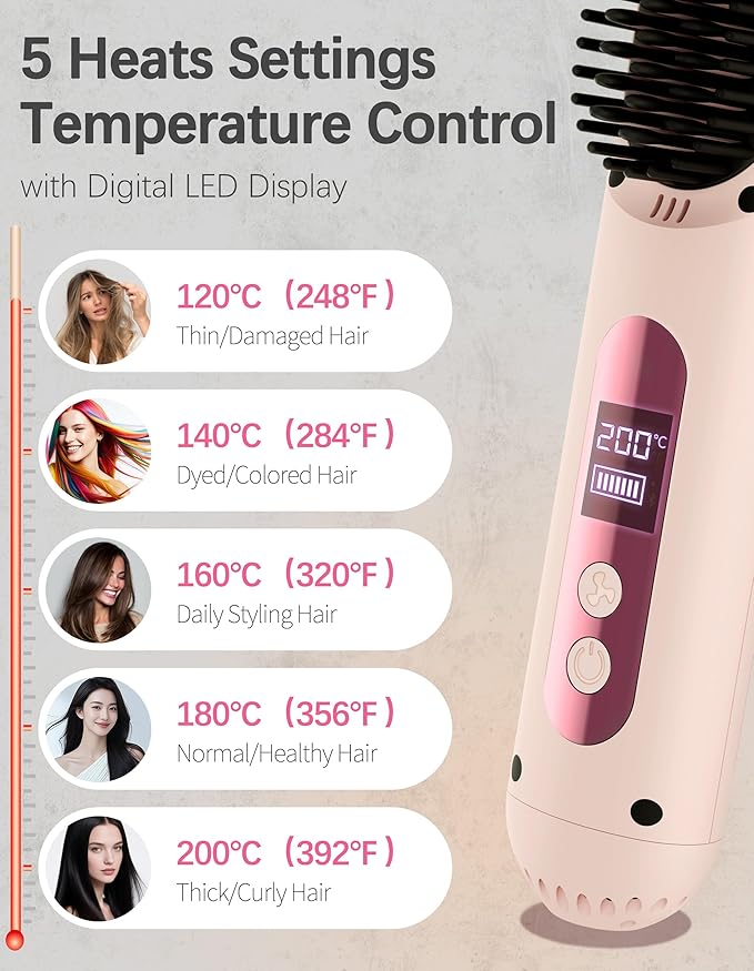 Cordless Hair Straightener Brush Portable Hair Straightener with Cooling Mode Negative Ions for Frizz-Free Shine &amp LED Display USB-C Charging &amp Fast Heating Gift for Women