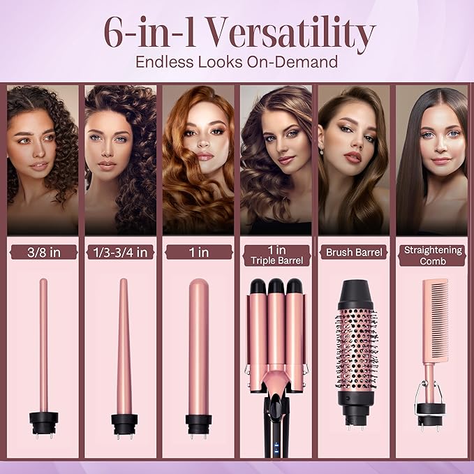 Asani Curling Iron Wand Set 6-in-1 - Beachwaver Hair Curler with 3 Barrel Hair Crimper Tapered Spiral Curling Iron - Fast Heating Travel Hot Styling Tools for Women with Dual Voltage (110-240V AC)
