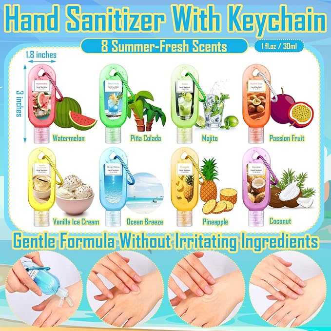 24 Pack Summer Scented Hand Sanitizers Keychain Gift Mini Travel Size Hand Sanitizer Gel Bulk 1 oz Sanitizer Keychain Gift Set Summer Graduation Party Favors Goodie Bag
