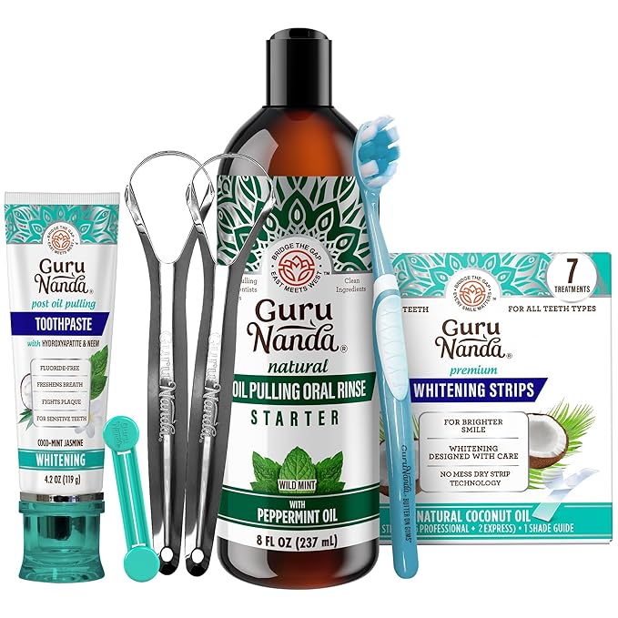 GuruNanda Whitening &amp Fresh Breath Bundle – 7-Day Whitening Strips Hydroxyapatite Toothpaste &amp Starter Pulling Oil Mouthwash 8oz for a Brighter Smile &amp Happier Gums