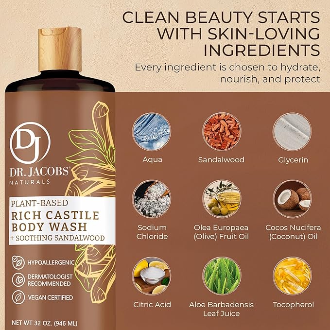 Dr. Jacobs Naturals Castile Sandalwood All-Natural Body Wash for Moisturizing Dry and Sensitive Skin with Plant-Based Ingredients with Pump - 32 Ounce