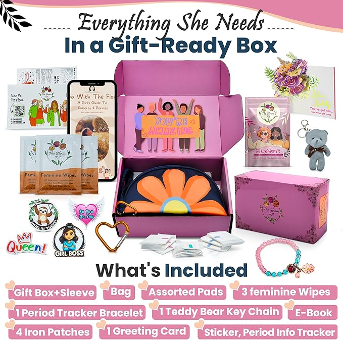 The Bloom First Period Kit for Girls 9-10-12-14 for School Menstrual Starter Kit Gifts for Teens Girls Includes Sanitary Napkin Storage Bag Pads Wipes Ebook Period Tracker Blue (30-PC)