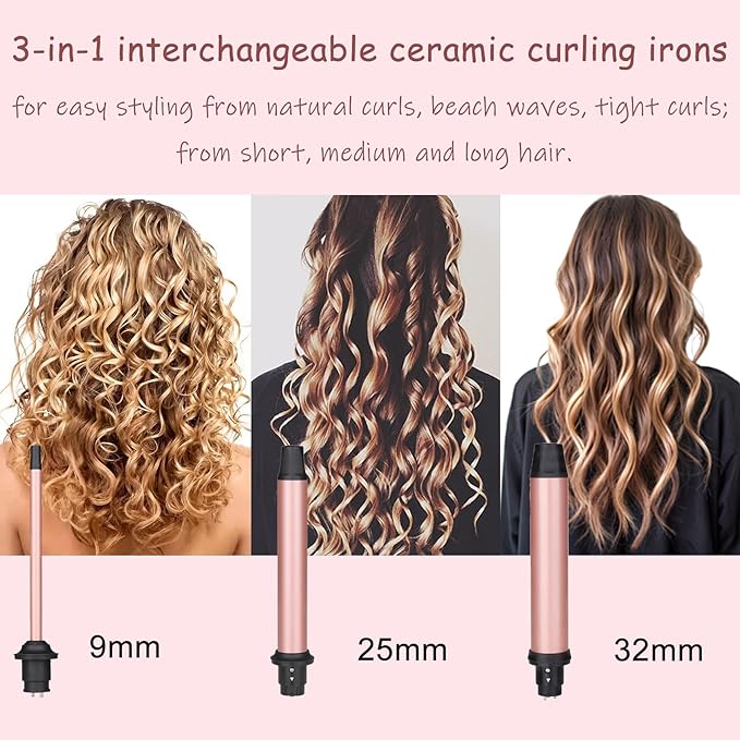 3 in 1 Curling Iron Set Hair Curling Wand Set with 3 Interchangeable Ceramic Curling Barrel(0.35”-1.25”) Instant Heat Up Dual Voltage Hair Curler Beach Waves Include Glove