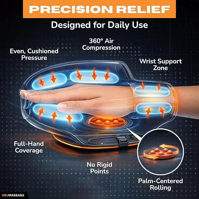 Hand Massager with Heat Cooling and Compression | Full-Hand and Wrist Coverage with Touchscreen &amp Palm Roller | Daily Massage at Home Office or Travel