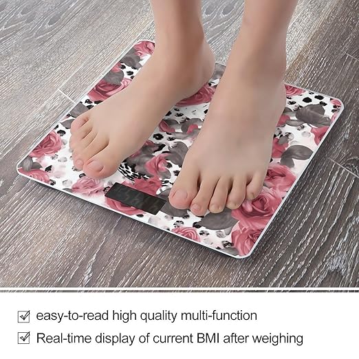 Cute Pink Rose Mix Leopard Pattern Bathroom Scale for Body Weight LCD Display Digital Bathroom Scale Tempered Glass Bathroom Weight Scales Fashion Smart Scales for Home Bedroom 400 Lb