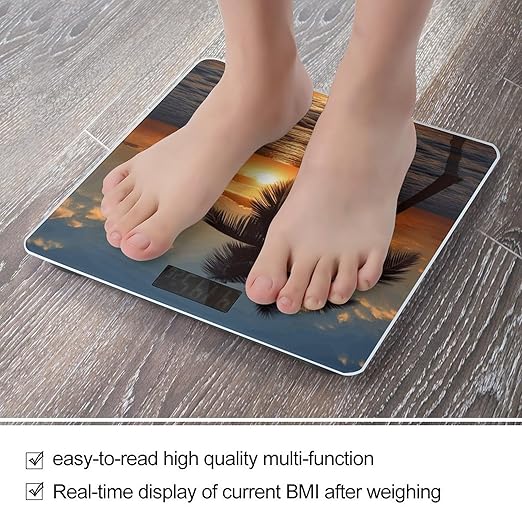 Sunset Palm Tree Ocean Digital Bathroom Scale for Body Weight with High Precision Digital Weighing Scale with BMI Clear LCD Display and Step-On Measures Weight Up to 180kg