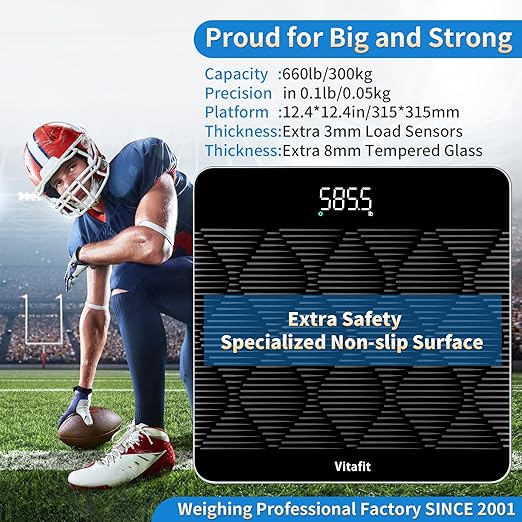 Vitafit Amazing 660lb Smart Bathroom Scale for Body Weight in 0.1lb High Accuracy Assured by Scale Professional Factory Since 2001 Large Platform with 8mm Non-Slip Tempered Glass LED 3*AAA Black