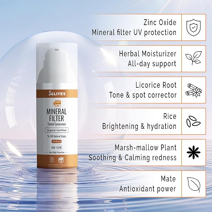 Aliye’s Tinted Organic Sunscreen SPF 50+ | Ecocert Cosmos Certified | 100% Mineral &amp Vegan Sun Protection | Safe for Sensitive Skin | 50ml (Medium)
