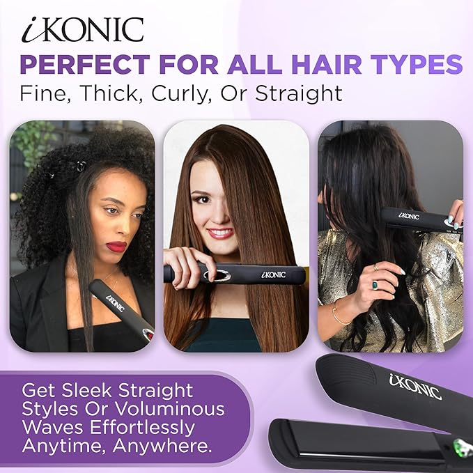 IKonic 100% Tourmaline Ceramic Hair Straightener &amp Curler– Anti-Static Infrared Ionic 2-in-1 Dual Voltage Flat Iron –1” Floating Plates Adjustable Temp 140–450°F Frizz-Free &amp Fast Heat Hair