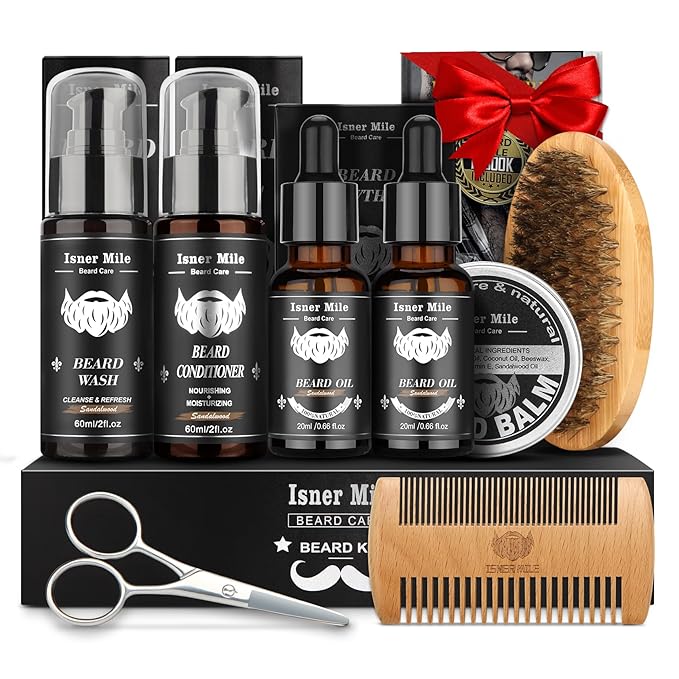 Beard Kit for Men Grooming &amp Care: with 2 Pack Beard Oils and Balm - Wash &amp Conditioner for After Shave Lotions Sandalwood Brush and Comb Sets with Scissors Valentines Fathers Gifts for Dad/