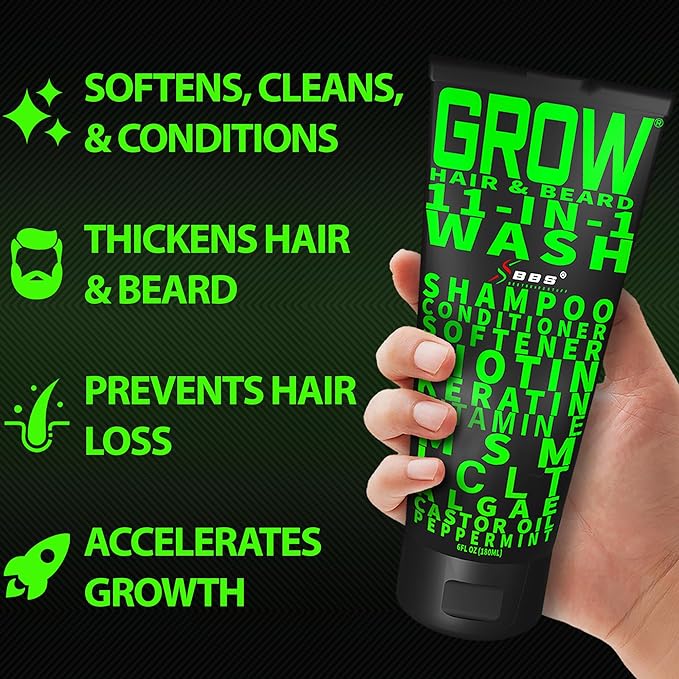 Beard Growth Kit w/GROW XXL Beard Serum for Maximum Facial Hair &amp Conditioner + GROW 11-in-1 Mens Shampoo &amp Conditioner (Hair Growth Shampoo for Men w/Biotin) - Formulated in America