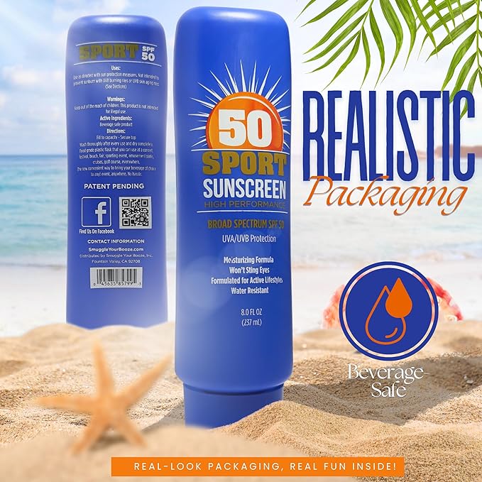 Hidden SPF50 Sunscreen Lotion Flasks 2 Pack by Smuggle Your Booze - 5 Tamper-Proof Seals | Discreet Plastic Flask for Liquor Disguise for Cruises Travel Concerts Festivals | 10 oz Each |
