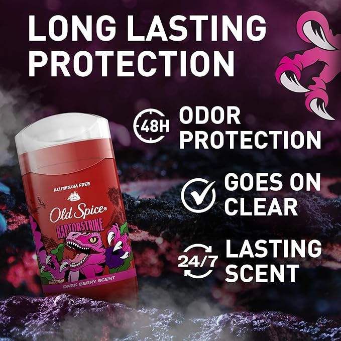 Old Spice Aluminum Free Deodorant for Men 24/7 Odor Protection 24/7 Freshness &amp Lasting Scent Goes on Clear Raptorstrike with Dark Berry Scent 3.0 oz (Pack of 3)