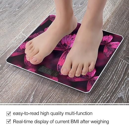 Pink Butterfly Scale for Body Weight Anti-Slip Digital Bathroom Scale Sturdy Toughened Glass Weighing Scales High Precision Safe Rounded Corners Smart Scales