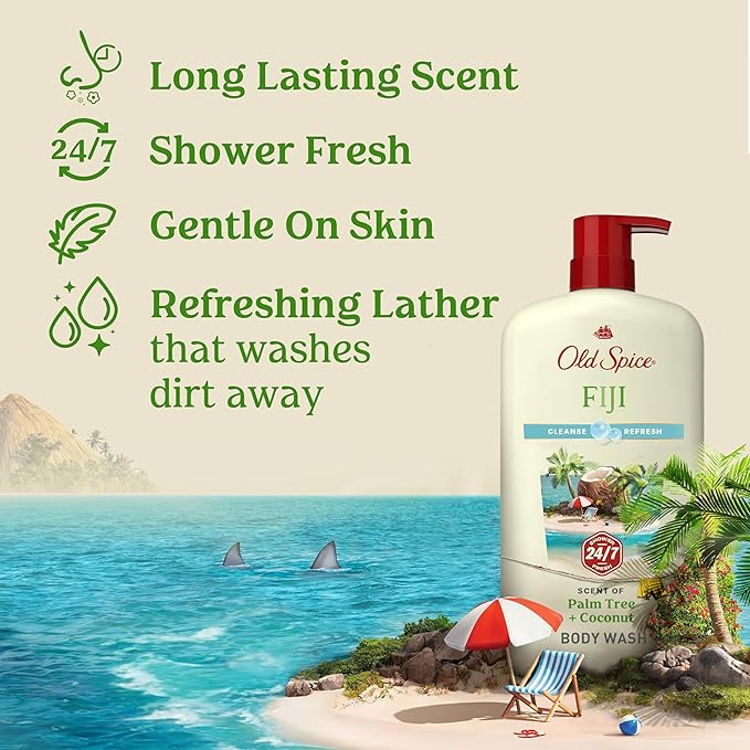 Old Spice Cleansing Body Wash for Men 24/7 Shower Fresh with Lasting Scent Cleanse &amp Refresh Gentle on Skin Vitamin B3 Fiji with Palm Tree + Coconut Scent 30 oz (Pack of 4)