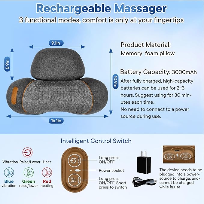 3-in-1 Rechargeable Neck Massager Pillow with Heat Vibration &amp Traction Deep Tissue Pain Relief Neck Hump Corrector &amp Cervical Support for Home Office Travel (Gray)