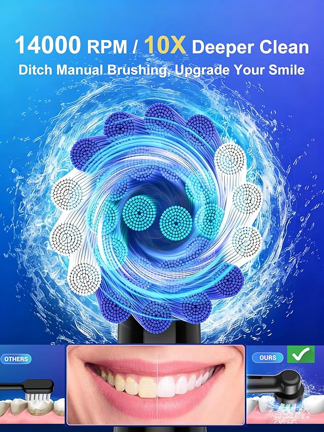 Rotating Electric Toothbrush for Adults with 8 Brush Heads Travel Case 5 Modes Rechargeable Power Toothbrush with Smart TimerUSB-C Charge 50-Day Battery Life 3 Intensity R05(Black)