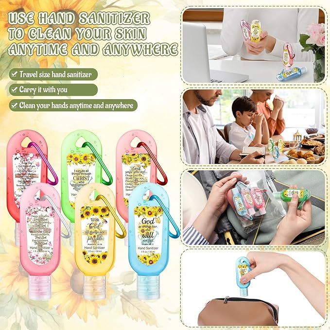 24 Pack Christian Hand Sanitizer Keychain Bible Verse Mini Hand Sanitizer Keychain Bulk Travel Size Christian Gift for Women Religious Gifts for Women Teacher Coworker Wedding Church Mother's Day Gift