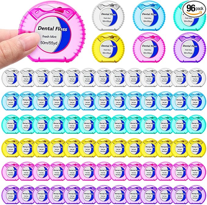 Geiserailie 96 Pcs Mini Dental Floss Bulk Mint Dental Floss for Homeless 54.6 yd Plaque Remover Teeth Shred Resistant Oral Care Cleaning for Adults Travel Wedding Bridal Shower Donated Gifts(6 Colors)