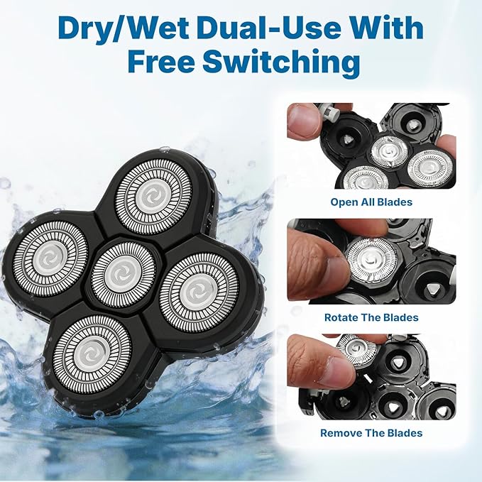 5 Replacement Heads for Universal Series Head Shaver Waterproof Blade Electric Bald Men Freedom Grooming Waterproof Razor Refills Rotary Heads Design + 2 Cleaning Brushes for Father Husband Partner