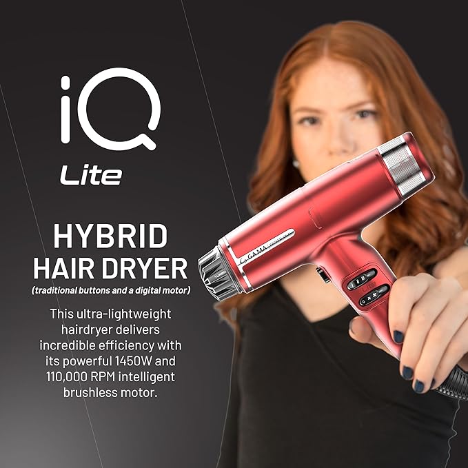 GA.MA iQ LITE Perfetto Hair Dryer with 110000 RPM Intelligent Brushless Motor Dual Filter Oxy-Active Technology Red