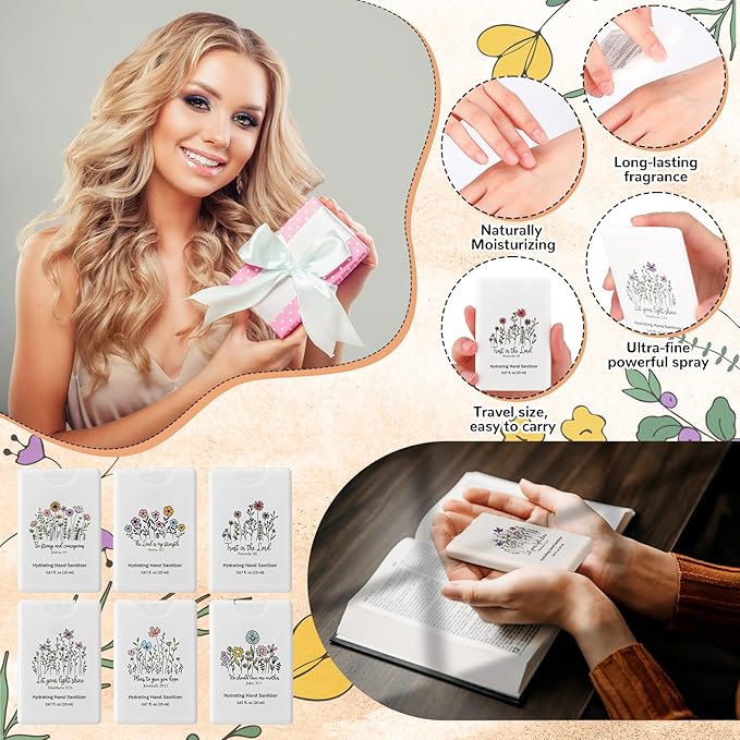 Frienda 24 Pcs Christian Gifts for Women Travel Size Hand Sanitizer Spray Bulk Mini Power Mist Religious Inspirational Gift for Baptism Christian Church Group Women's Day Easter Party Favor(Stylish)
