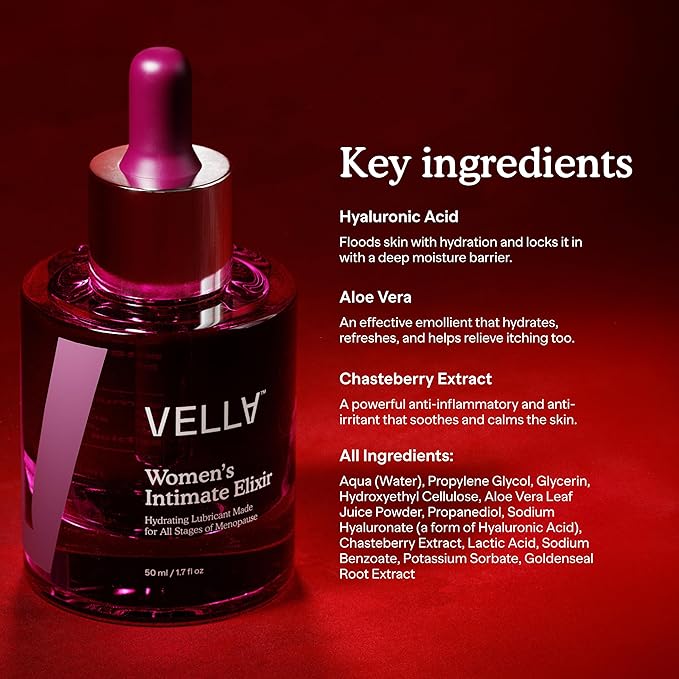 Vella Women's Intimate Elixir™ - Lightweight Water-Based Hydration - Ideal for all Stages of Menopause - Hyaluronic Acid Vaginal Moisturizer with Chasteberry &amp Aloe Vera Body Glide For Intimate A