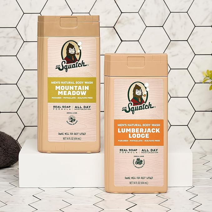 Dr. Squatch Natural Men's Body Wash Shower Gel - Cleansing Nourishing Long Lasting Scent Moisturizing Body Wash for Men - Mountain Meadow + Lumberjack Lodge (14 oz 2-Pack)