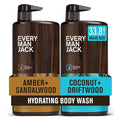 Every Man Jack Coconut + Driftwood &amp Amber + Sandalwood Mens Body Wash for All Skin Types - Cleanse Hydrate and Smell Great - Free of Parabens Phtalates and Dyes - 33.8 fl oz (2 Pack)