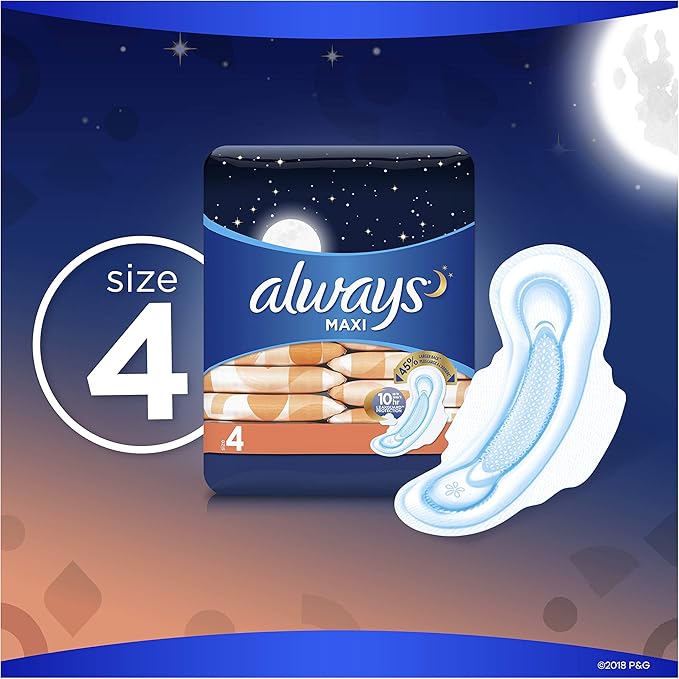 Always Maxi Size 4 Overnight Pads for Women with WingsUnscented 14 Count - Pack of 4 (56 Count Total)