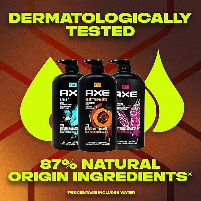 Axe Men's Body Wash Variety Set Set of 3 Scents Axe Dark Temptation Apollo and Excite Body Wash 3in1 Body and Face Wash in Pump Bottle 33.8 Ounce Each