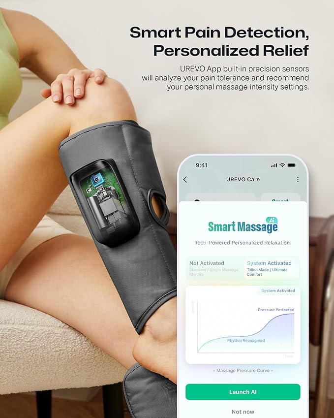 UREVO Smart Calf Massager with AI Massage Adaptation Air Compression – Cordless Leg Massager for Circulation Relaxation &amp Leg Sculpting – 3 Modes &amp 3 Intensities Adjustable Heat Long Batte